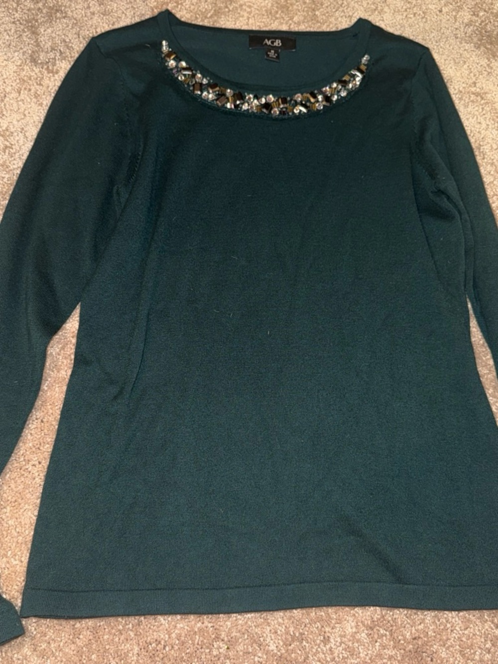 AGB Embellished Jewel Neck Dark Green Sweater